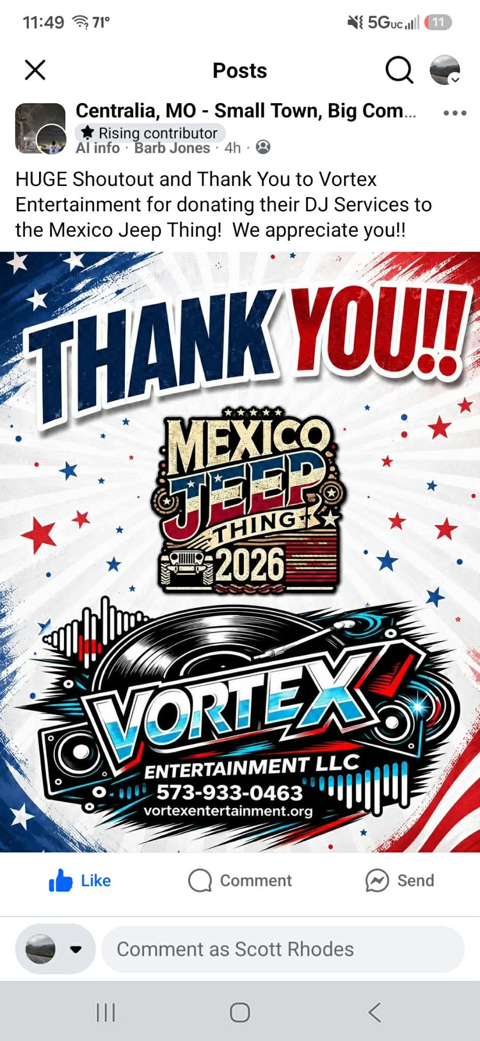 Facebook post from the Mexico Jeep Thing thanking Vortex Entertainment for donating their DJ services